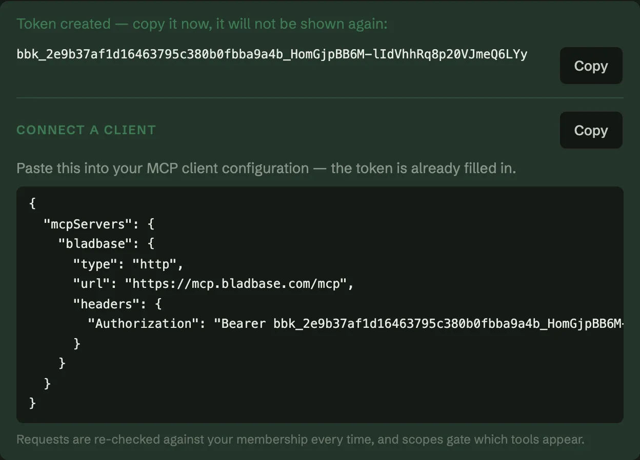 The Bladbase settings panel after minting a token, showing the MCP client configuration with the endpoint and bearer token already filled in.