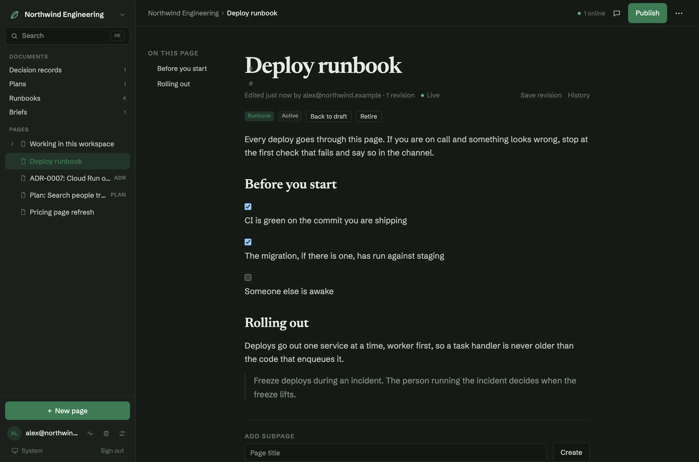 A runbook open in Bladbase: the page tree on the left grouped by document type, the document in the centre with a task list and a quote, and the header showing the page is live with one person online.